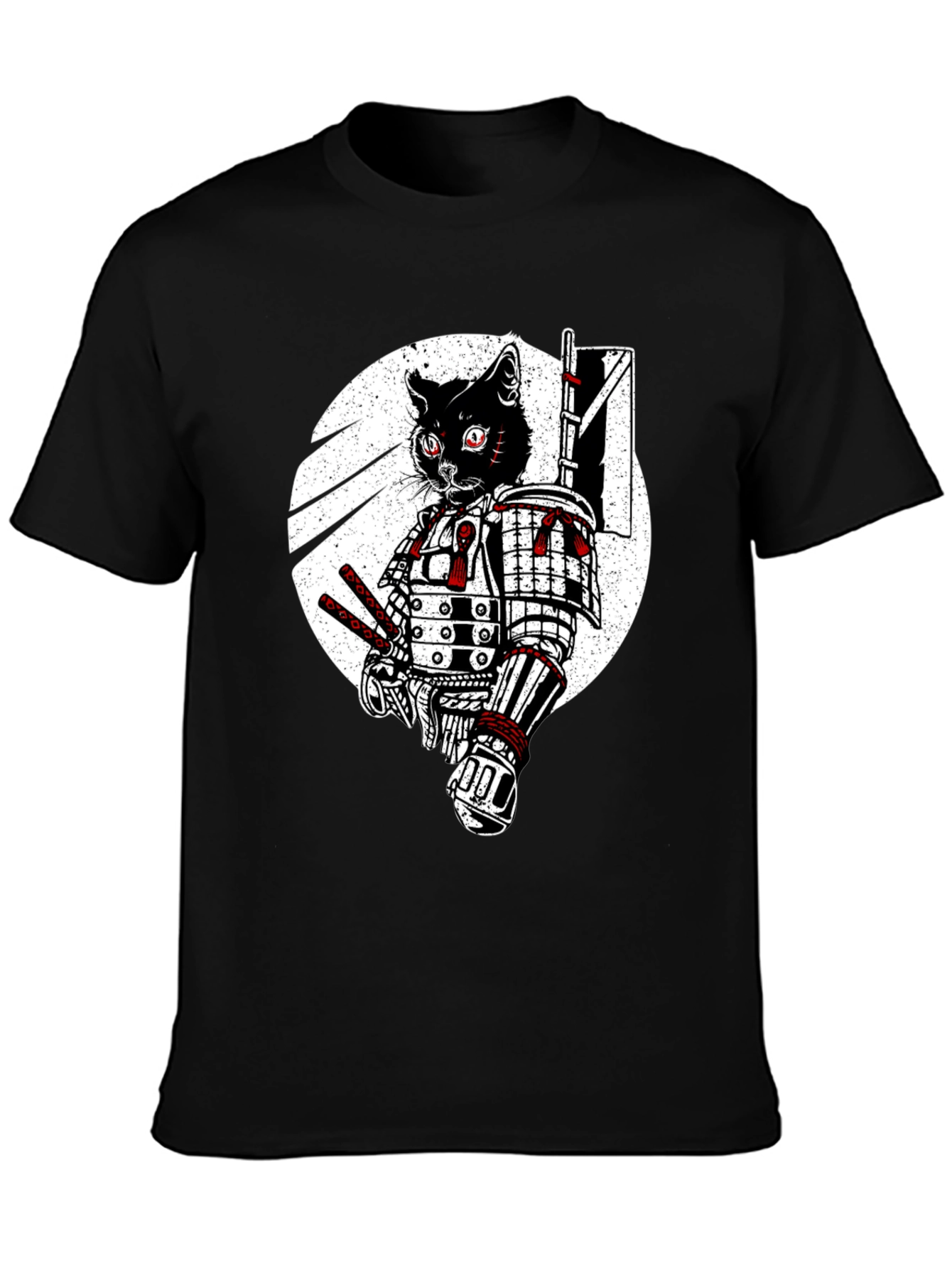 Samurai Cat Graphic Tee - Black Cotton T-Shirt