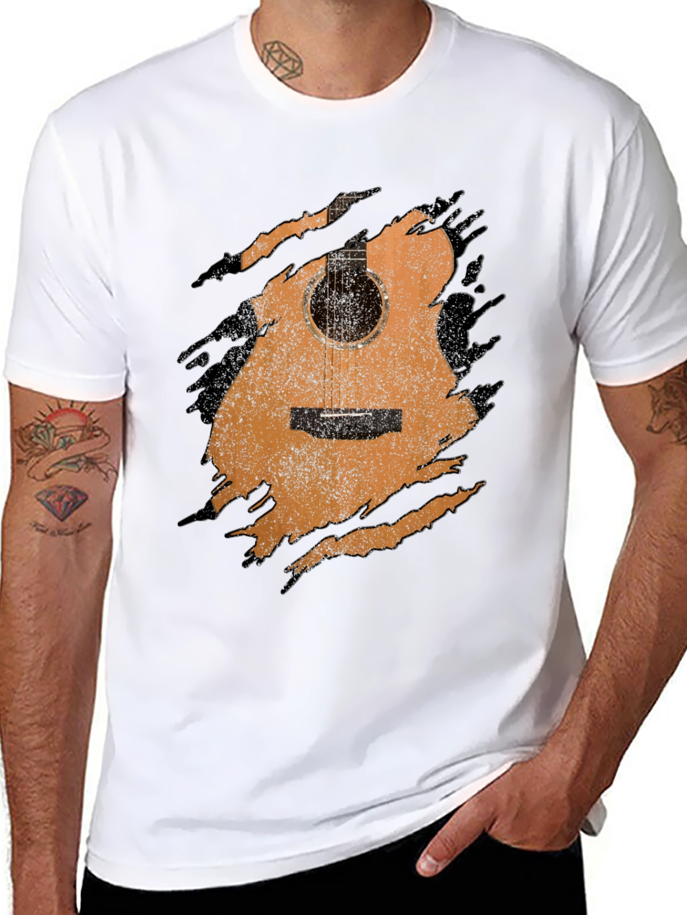 Guitar Graphic Tee - Distressed Acoustic Design Musician Shirt