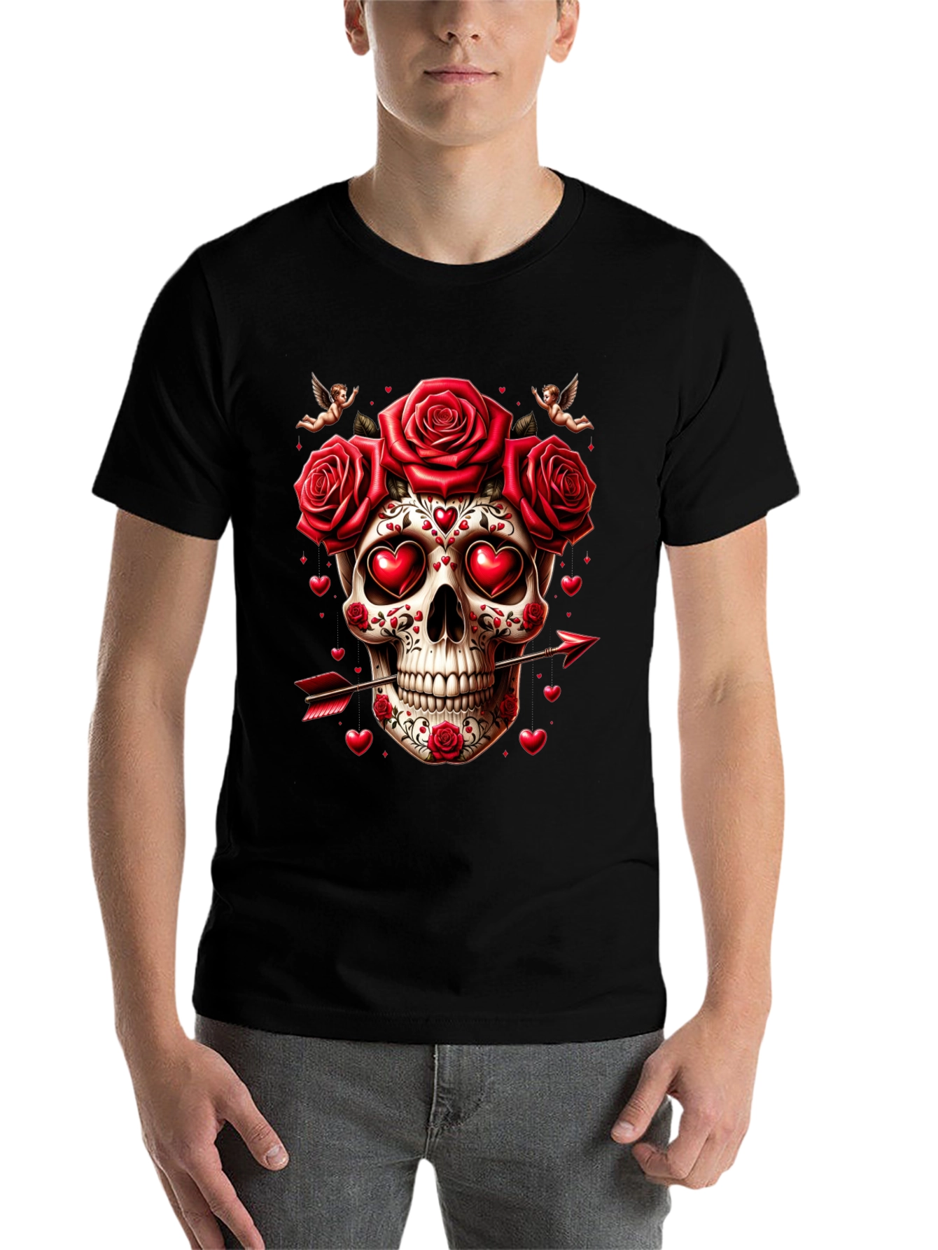 Skull Roses Hearts Arrow Valentines Day T-Shirt