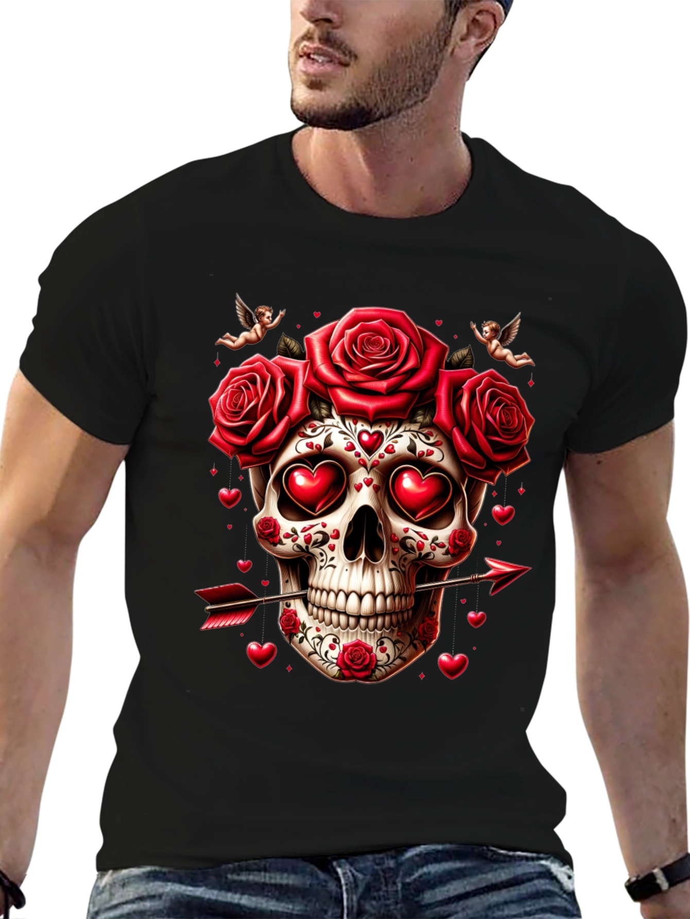 Skull Roses Hearts Arrow Valentines Day T-Shirt