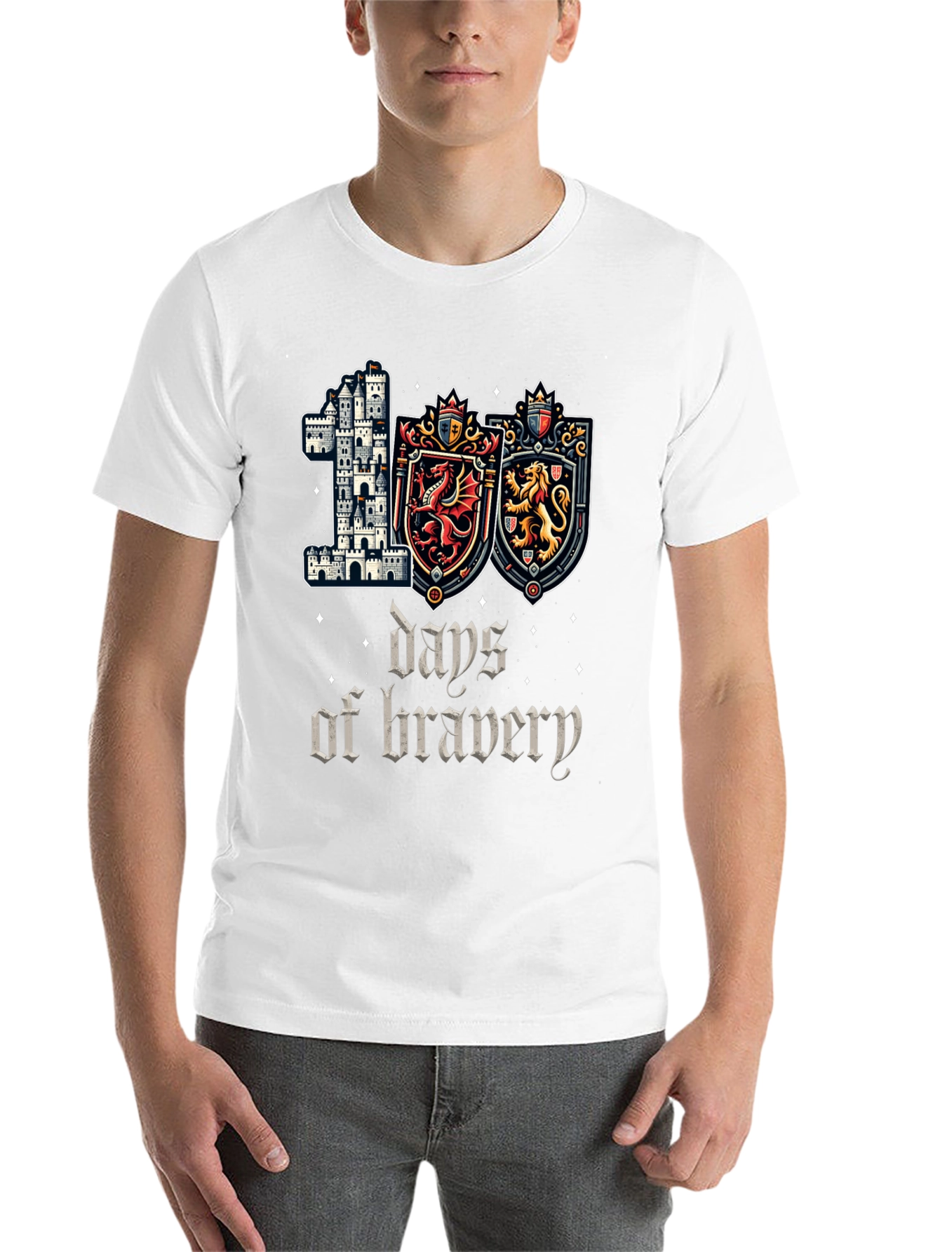 100 Days of Bravery T-Shirt Medieval Castle Shield Dragon Lion