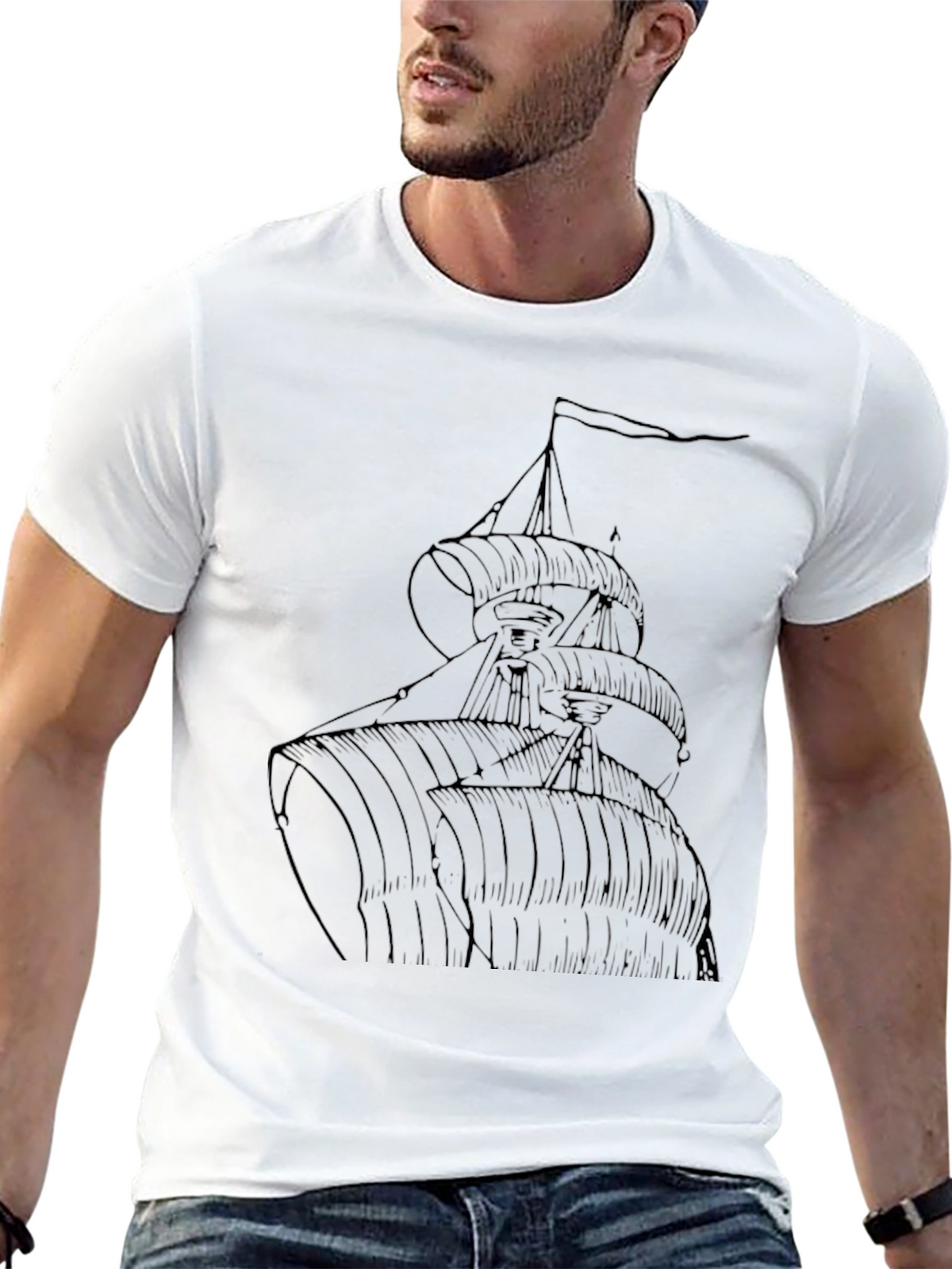 Nautical Ship T-Shirt - Black Cotton Tee