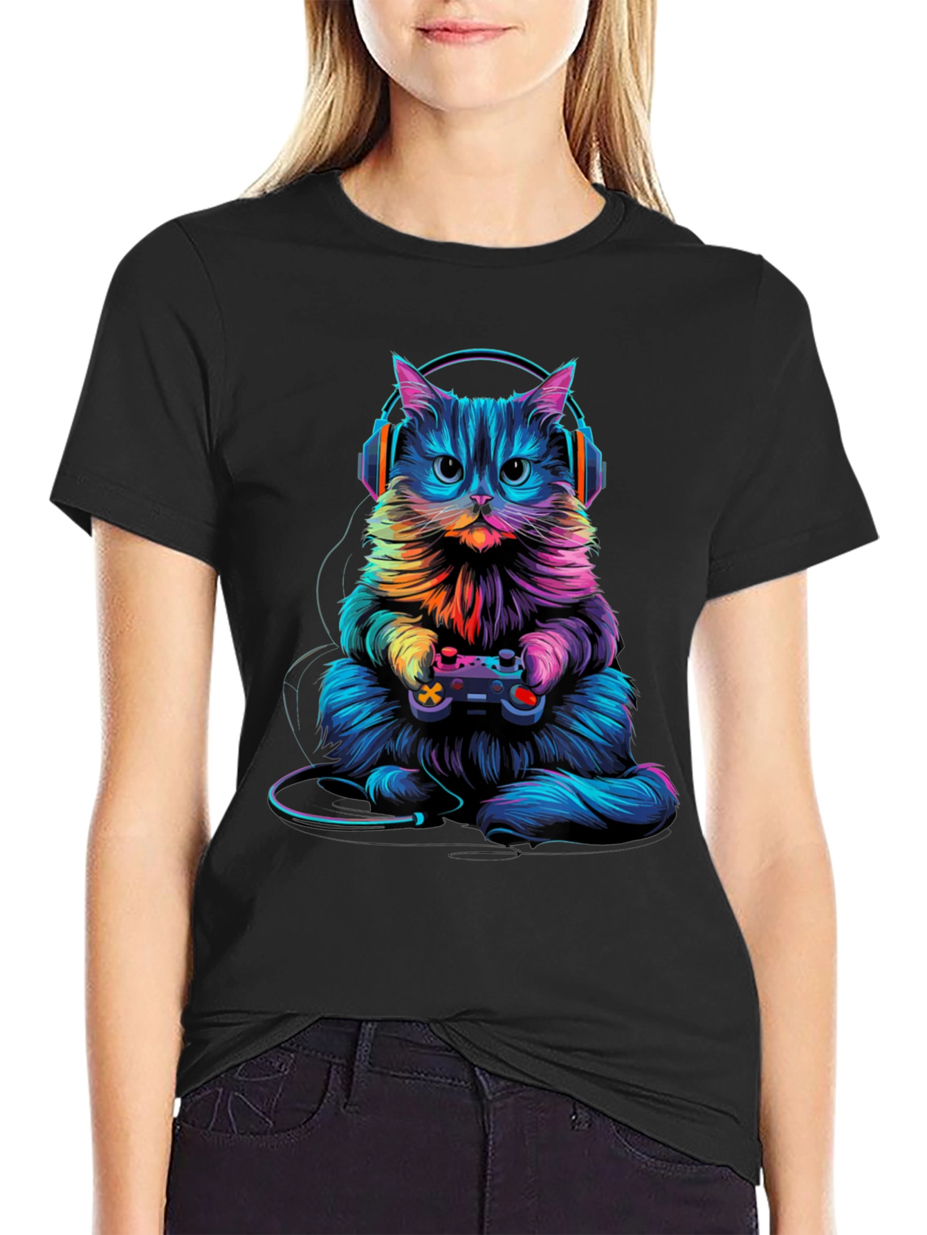 Gamer Cat Graphic Tee - Black Cotton Blend