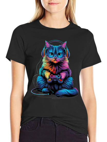 Gamer Cat Graphic Tee - Black Cotton Blend