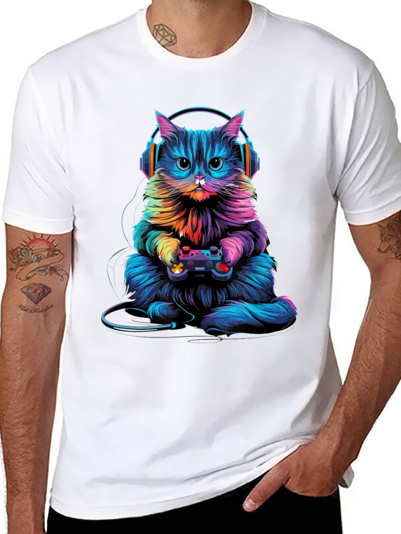 Gamer Cat Graphic Tee - Black Cotton Blend