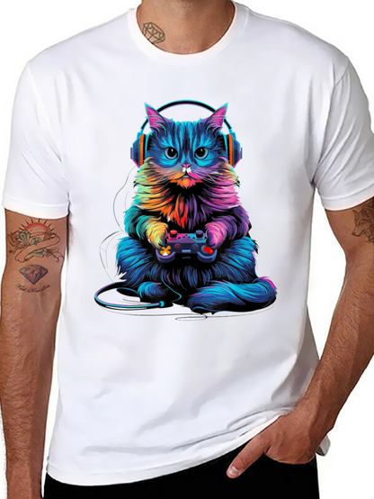 Gamer Cat Graphic Tee - Black Cotton Blend