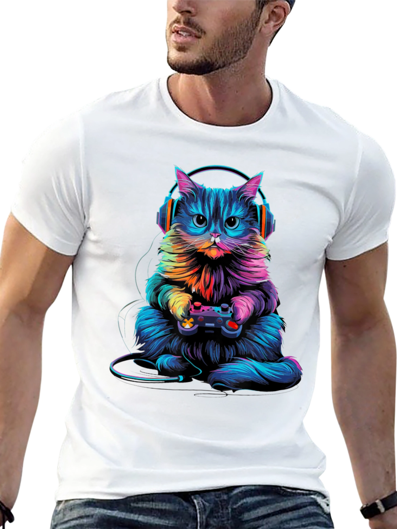 Gamer Cat Graphic Tee - Black Cotton Blend