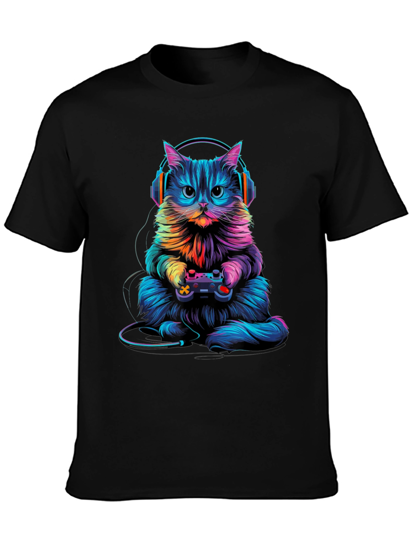 Gamer Cat Graphic Tee - Black Cotton Blend