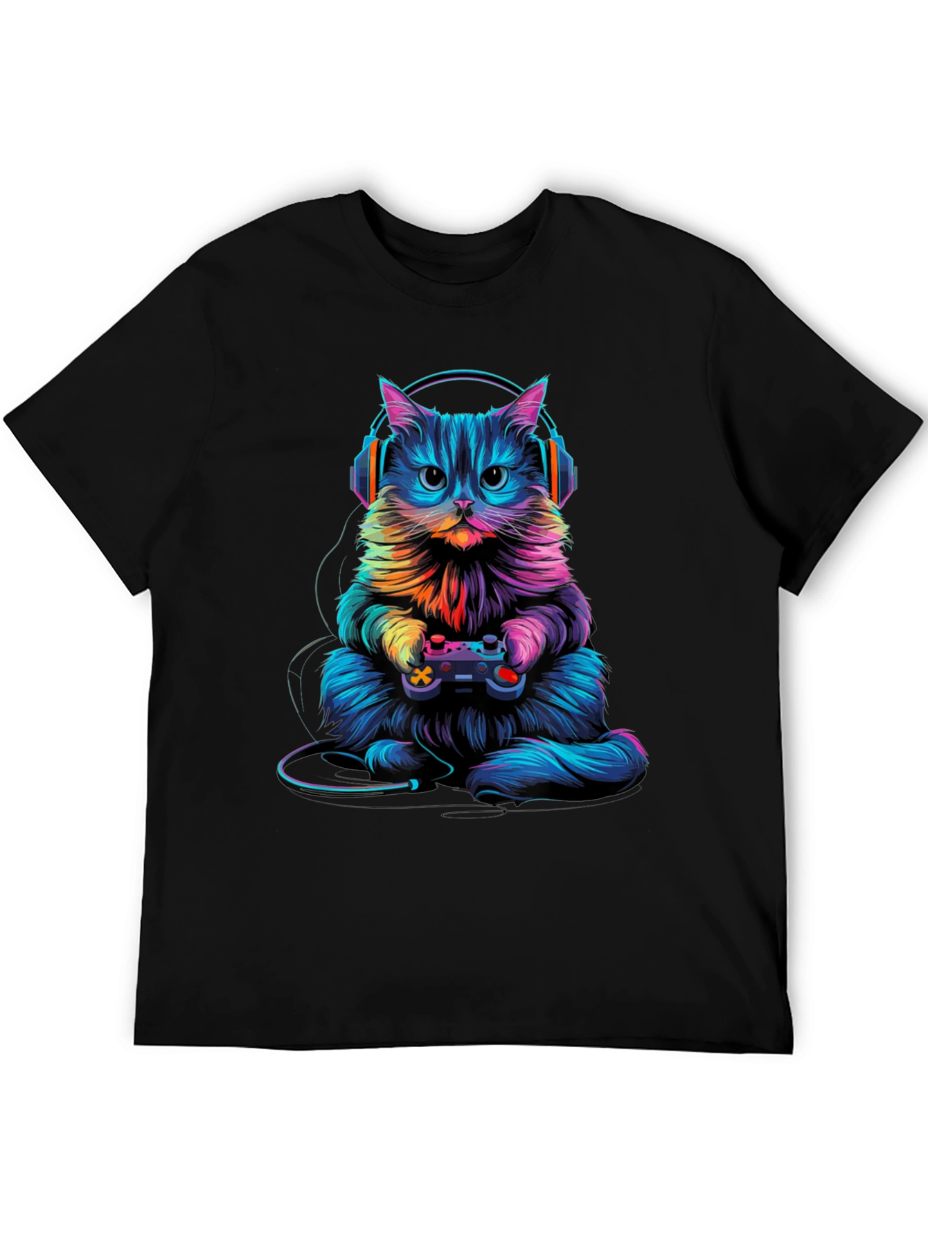 Gamer Cat Graphic Tee - Black Cotton Blend