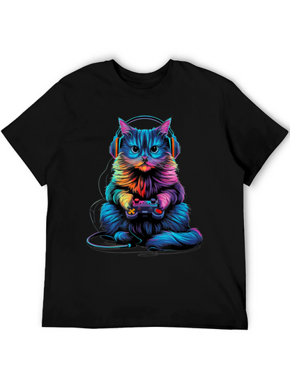 Gamer Cat Graphic Tee - Black Cotton Blend