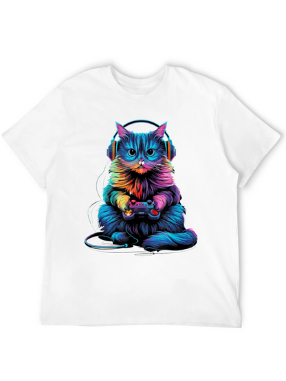 Gamer Cat Graphic Tee - Black Cotton Blend