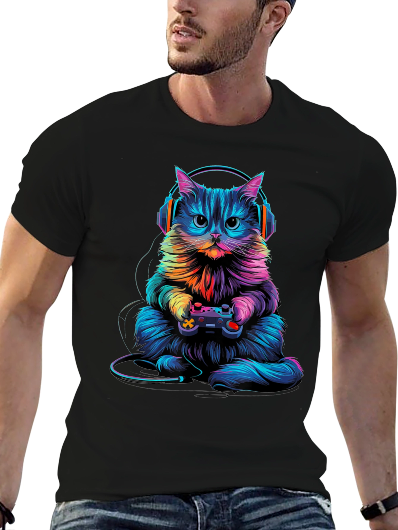 Gamer Cat Graphic Tee - Black Cotton Blend