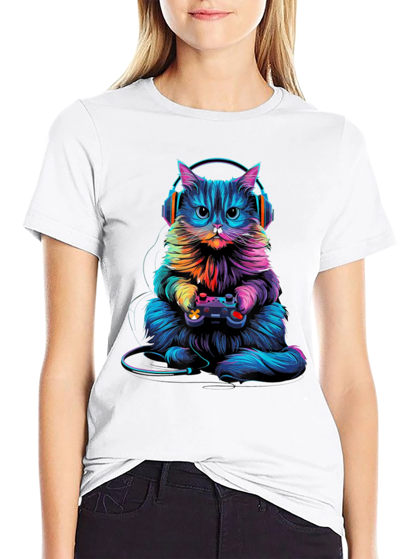 Gamer Cat Graphic Tee - Black Cotton Blend