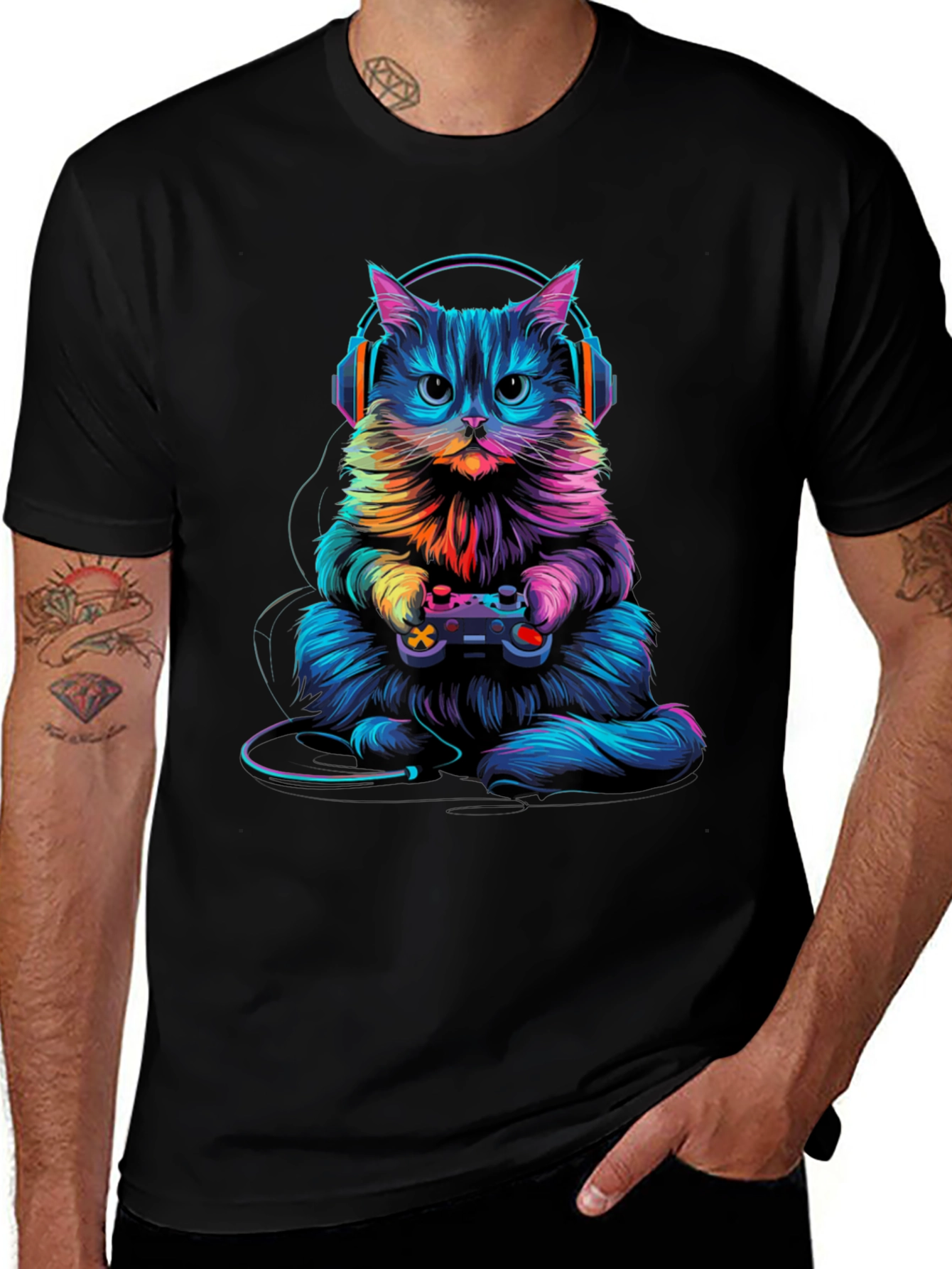Gamer Cat Graphic Tee - Black Cotton Blend
