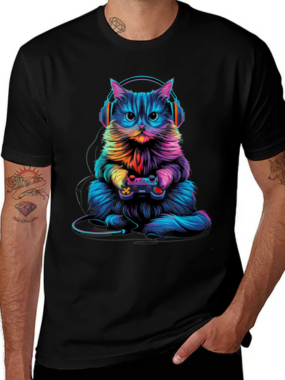 Gamer Cat Graphic Tee - Black Cotton Blend