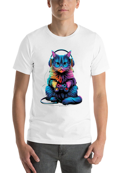 Gamer Cat Graphic Tee - Black Cotton Blend