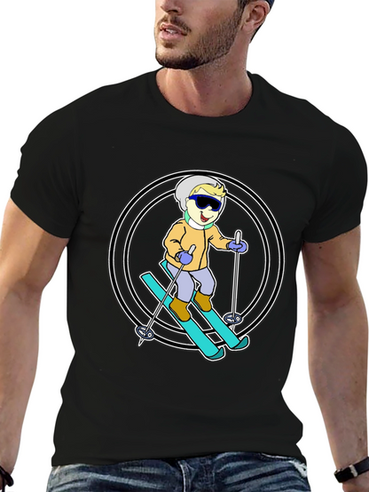 Cartoon Skier T-Shirt - Black Cotton Blend