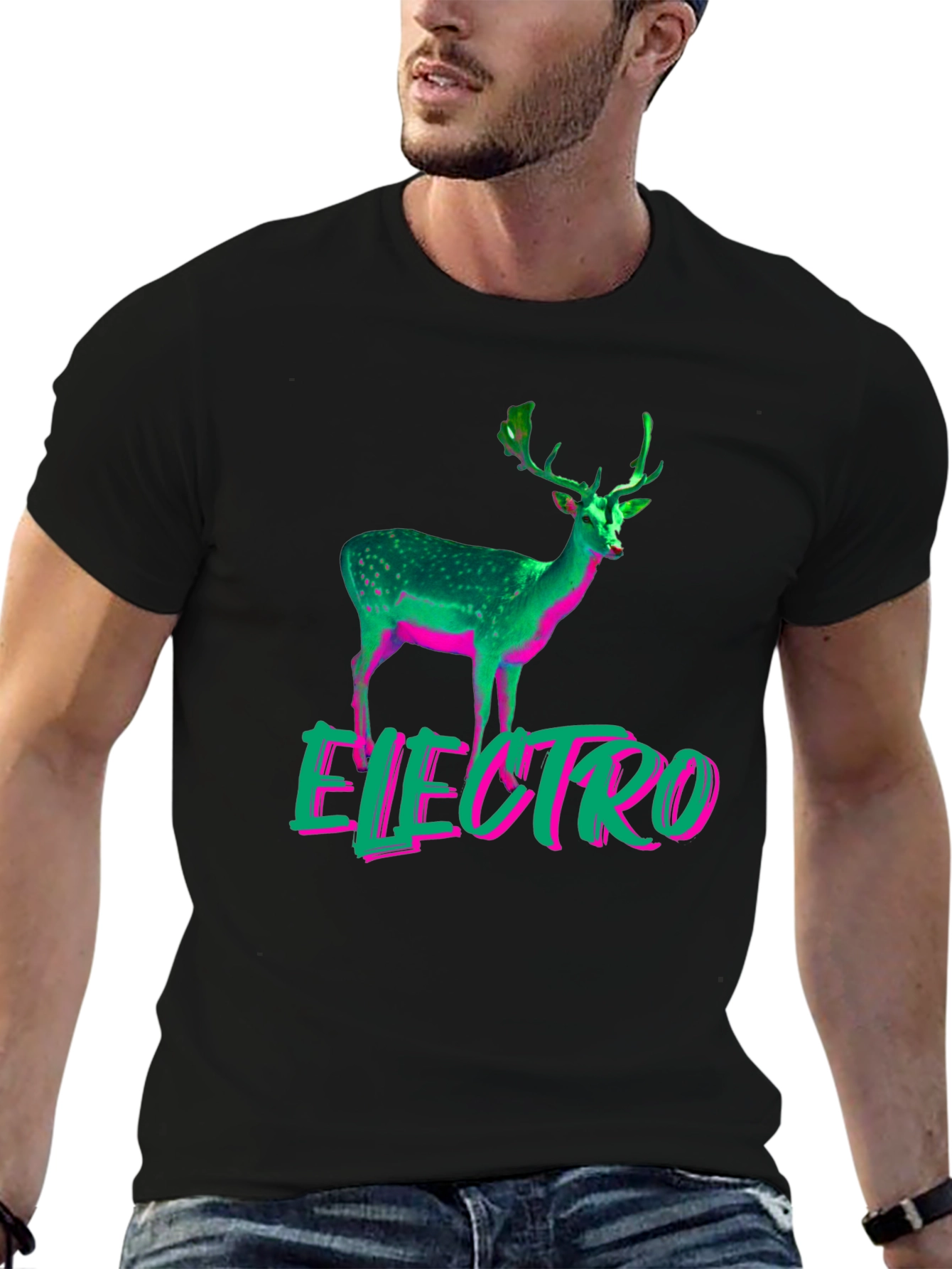 Electro Deer Graphic Tee - Stylish Mens Black T-Shirt