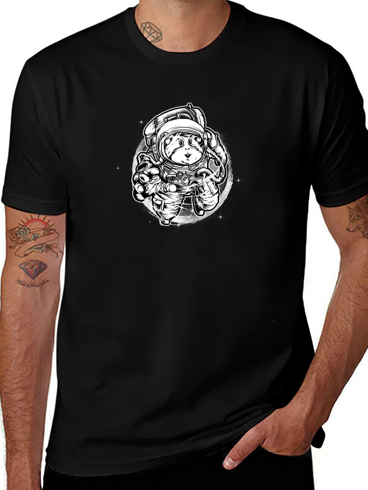 Astronaut Cat Graphic Tee - Black Cotton Blend