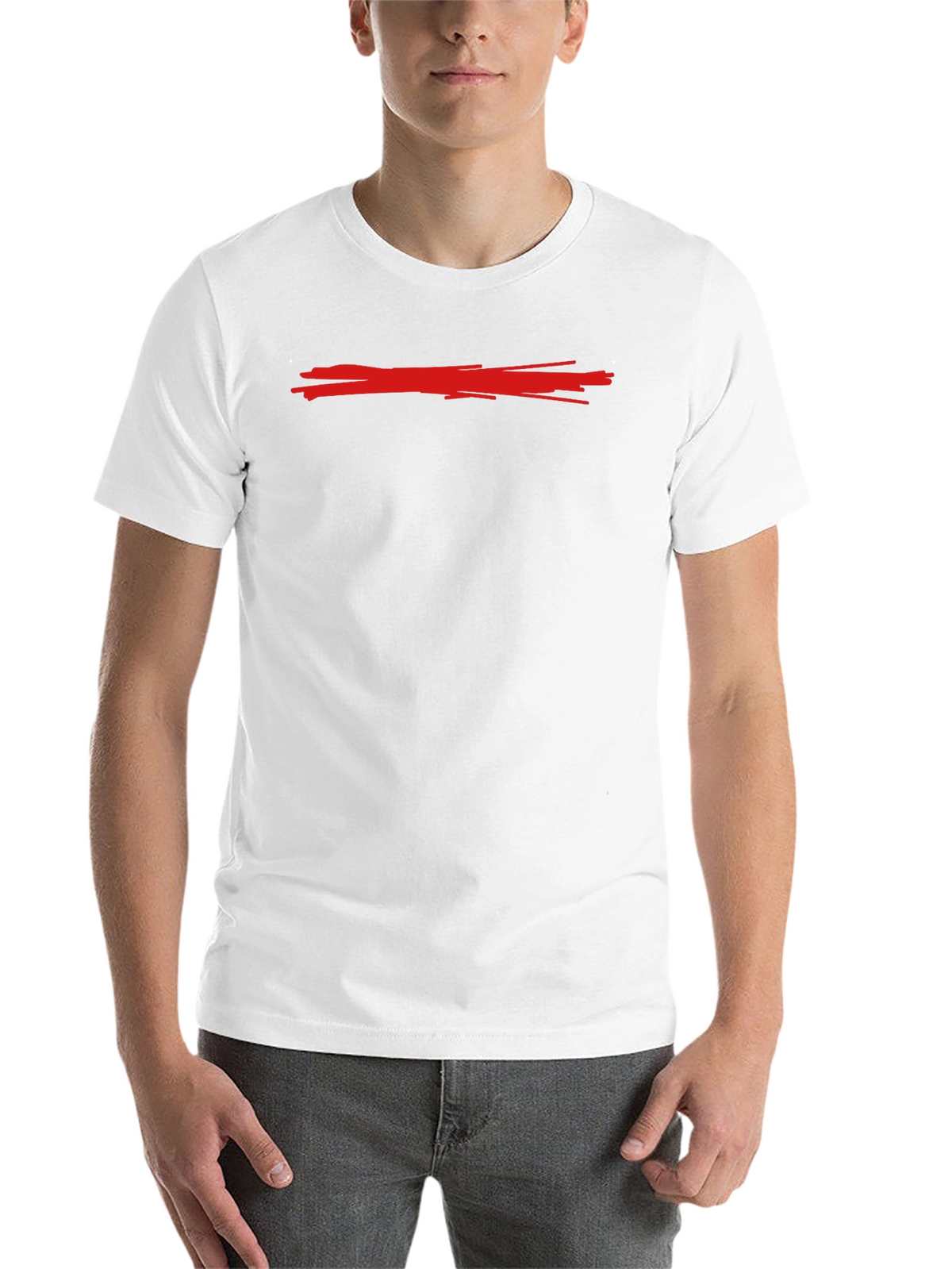 Mens Black Crew Neck T-Shirt with Red Line
