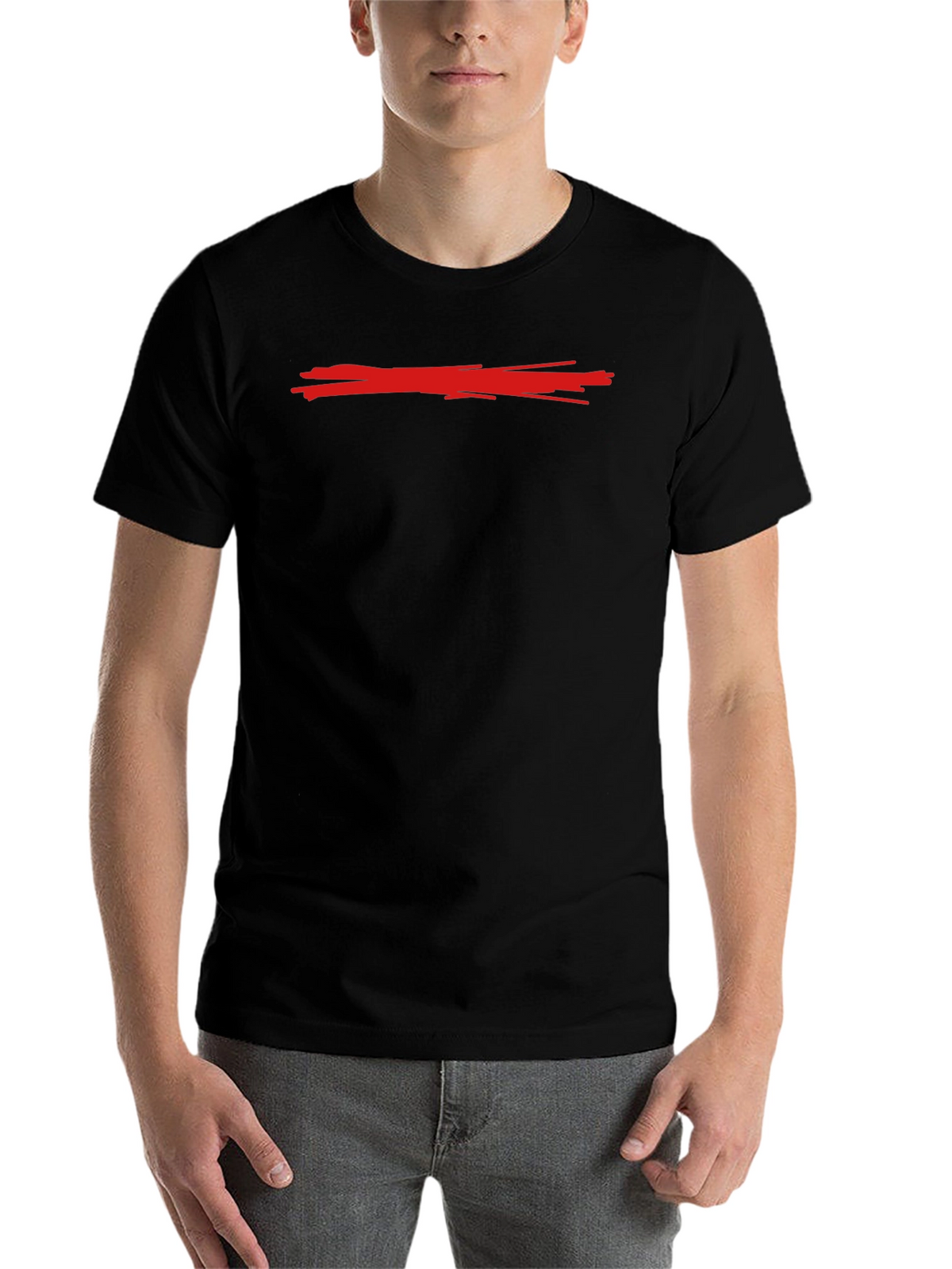 Mens Black Crew Neck T-Shirt with Red Line