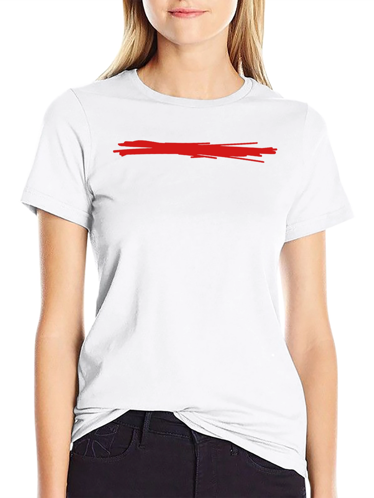 Mens Black Crew Neck T-Shirt with Red Line