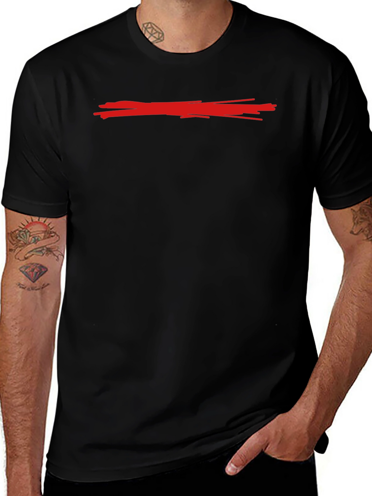 Mens Black Crew Neck T-Shirt with Red Line