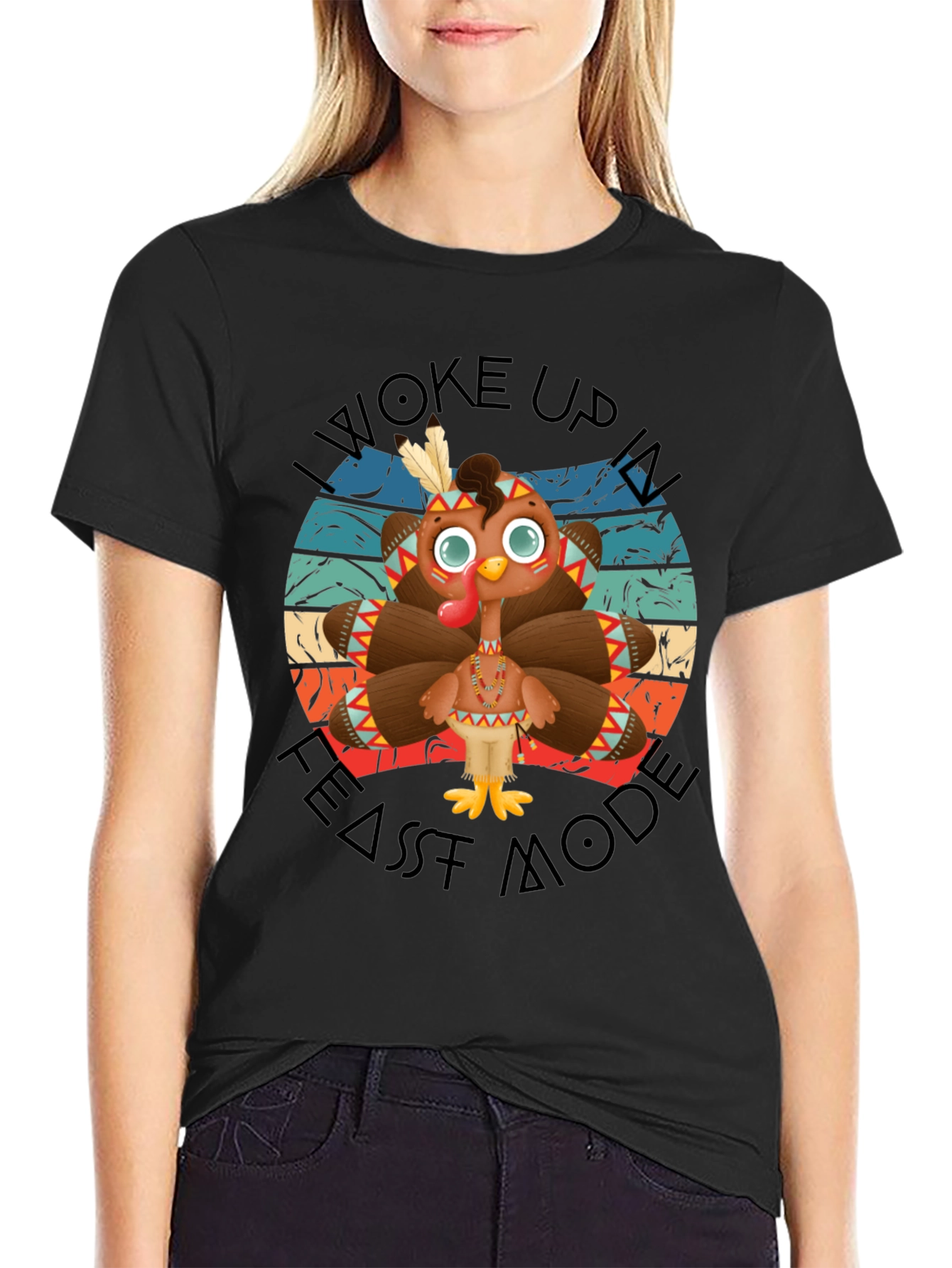 Funny Thanksgiving Turkey Feast Mode Black T-Shirt