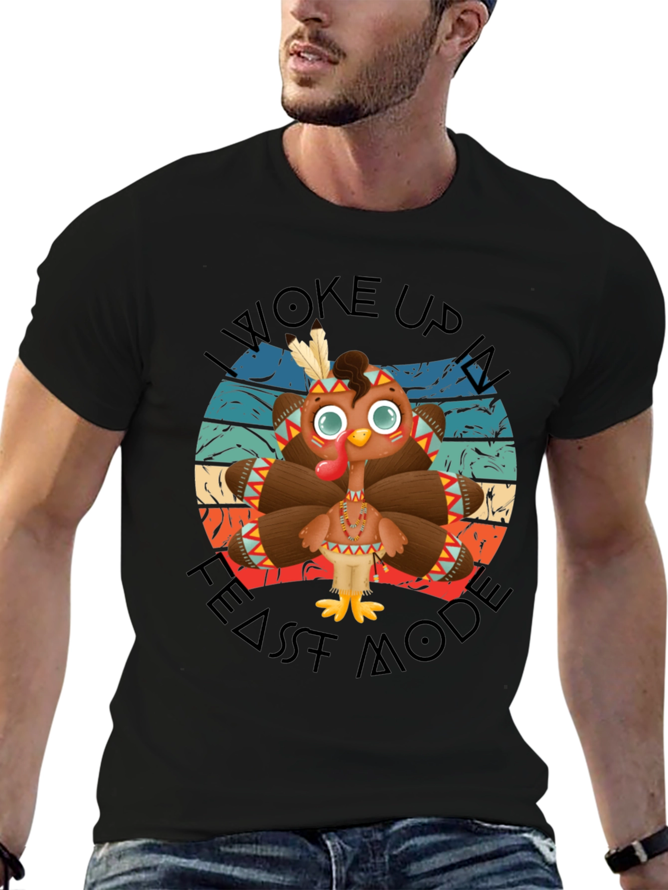 Funny Thanksgiving Turkey Feast Mode Black T-Shirt