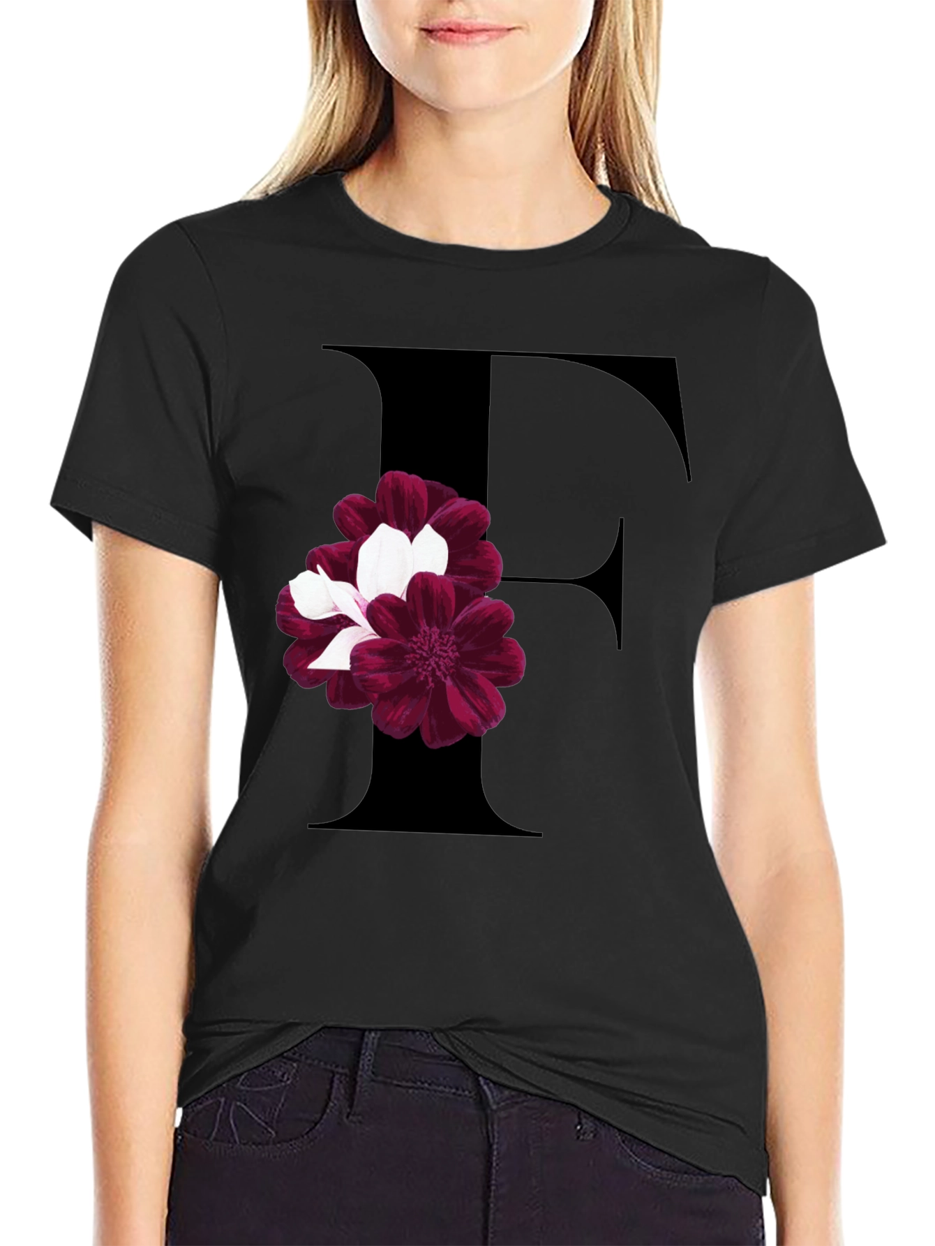 Floral Letter F Black T-Shirt