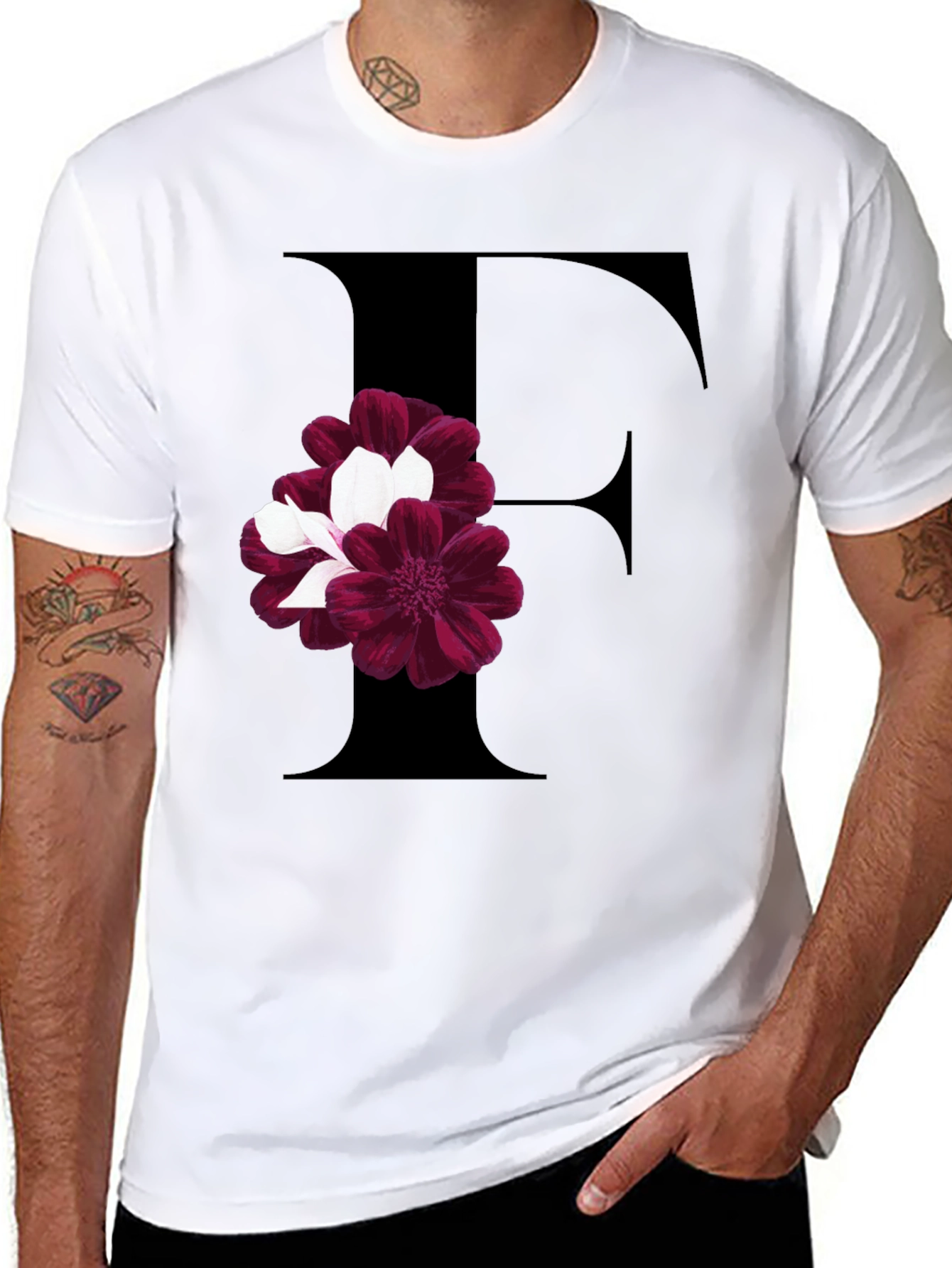 Floral Letter F Black T-Shirt