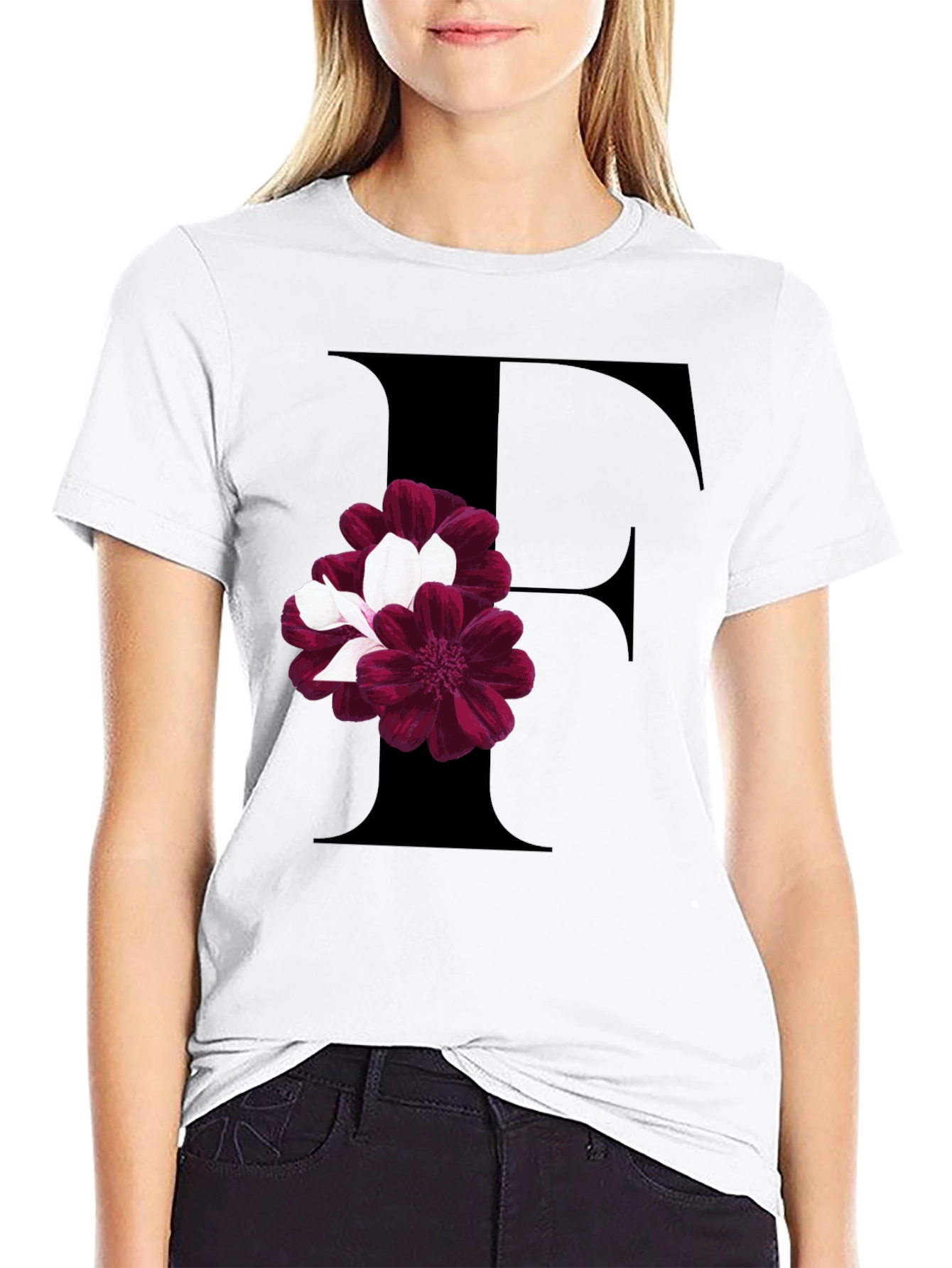Floral Letter F Black T-Shirt