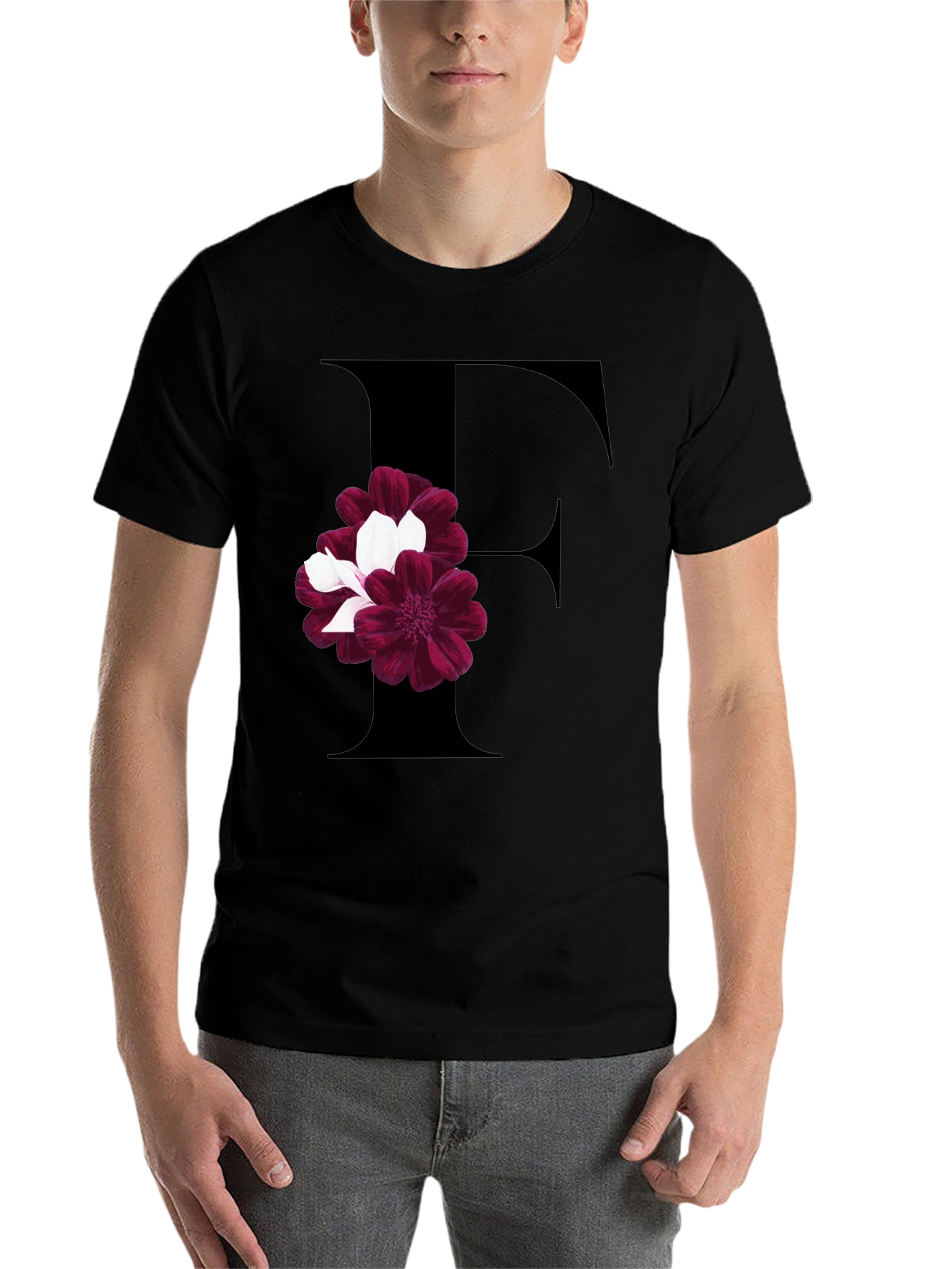Floral Letter F Black T-Shirt