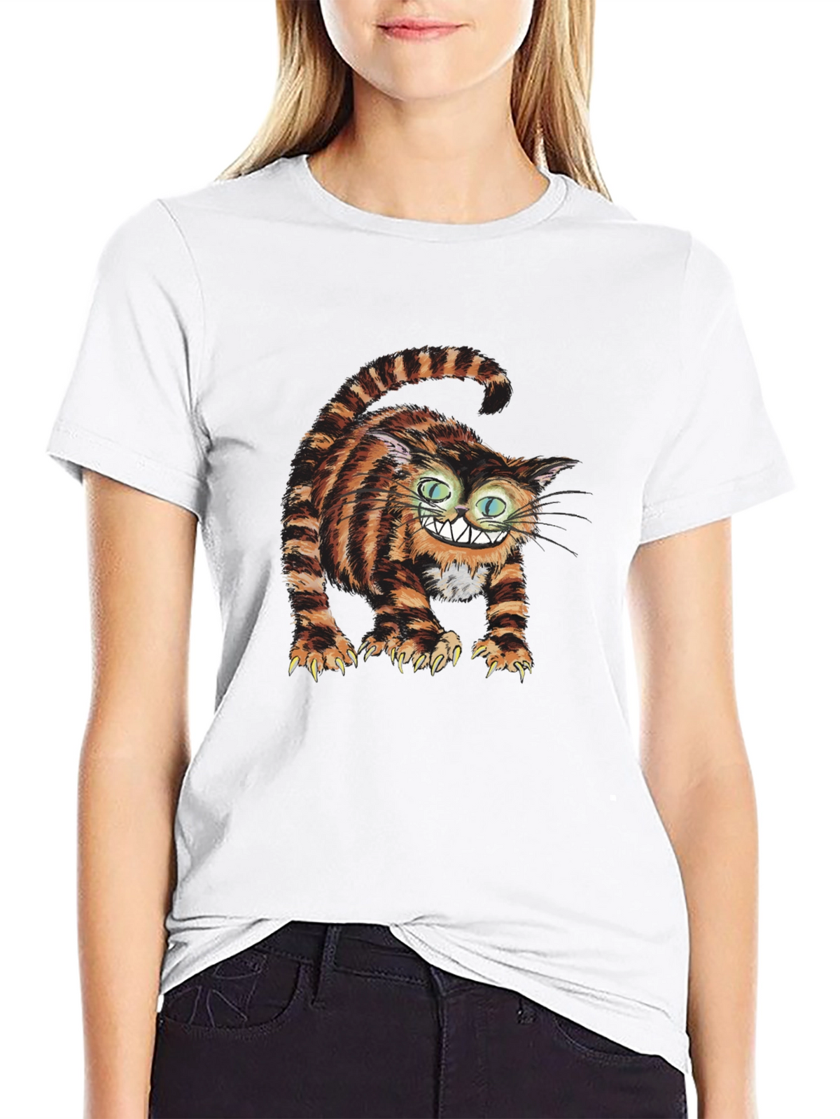 Grinning Cheshire Cat Graphic Tee - Black Cotton T-Shirt