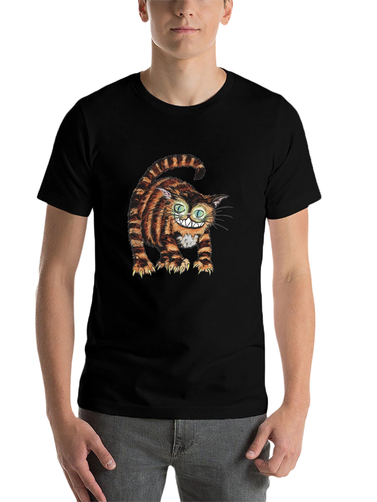 Grinning Cheshire Cat Graphic Tee - Black Cotton T-Shirt