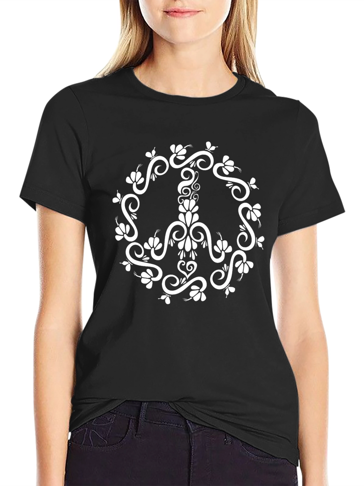 Floral Peace Sign Graphic T-Shirt - Black