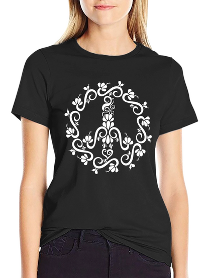 Floral Peace Sign Graphic T-Shirt - Black