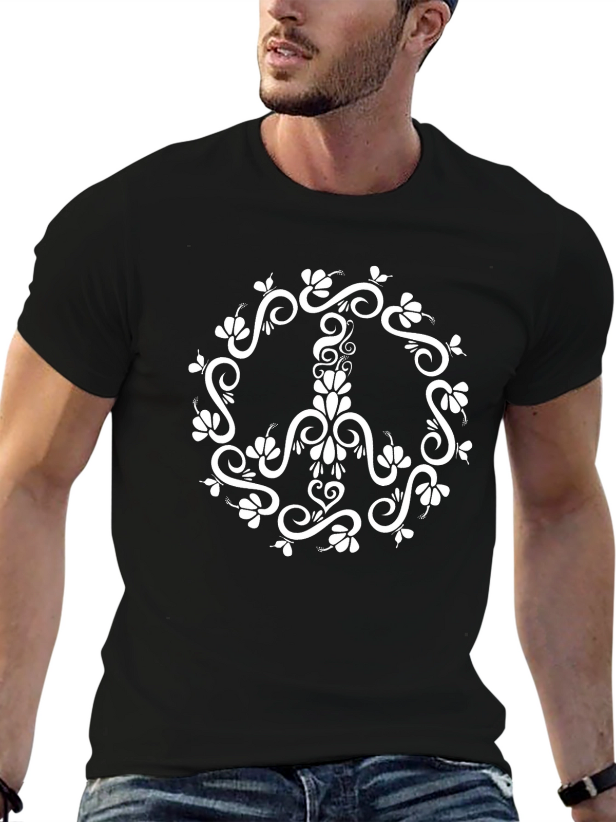 Floral Peace Sign Graphic T-Shirt - Black