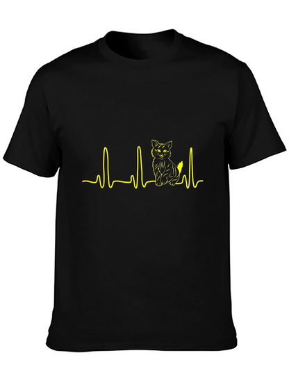 Cat Lovers ECG Heartbeat Graphic Tee - Black