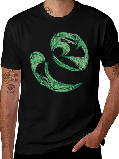 Abstract Green Swirl Graphic Black T-Shirt