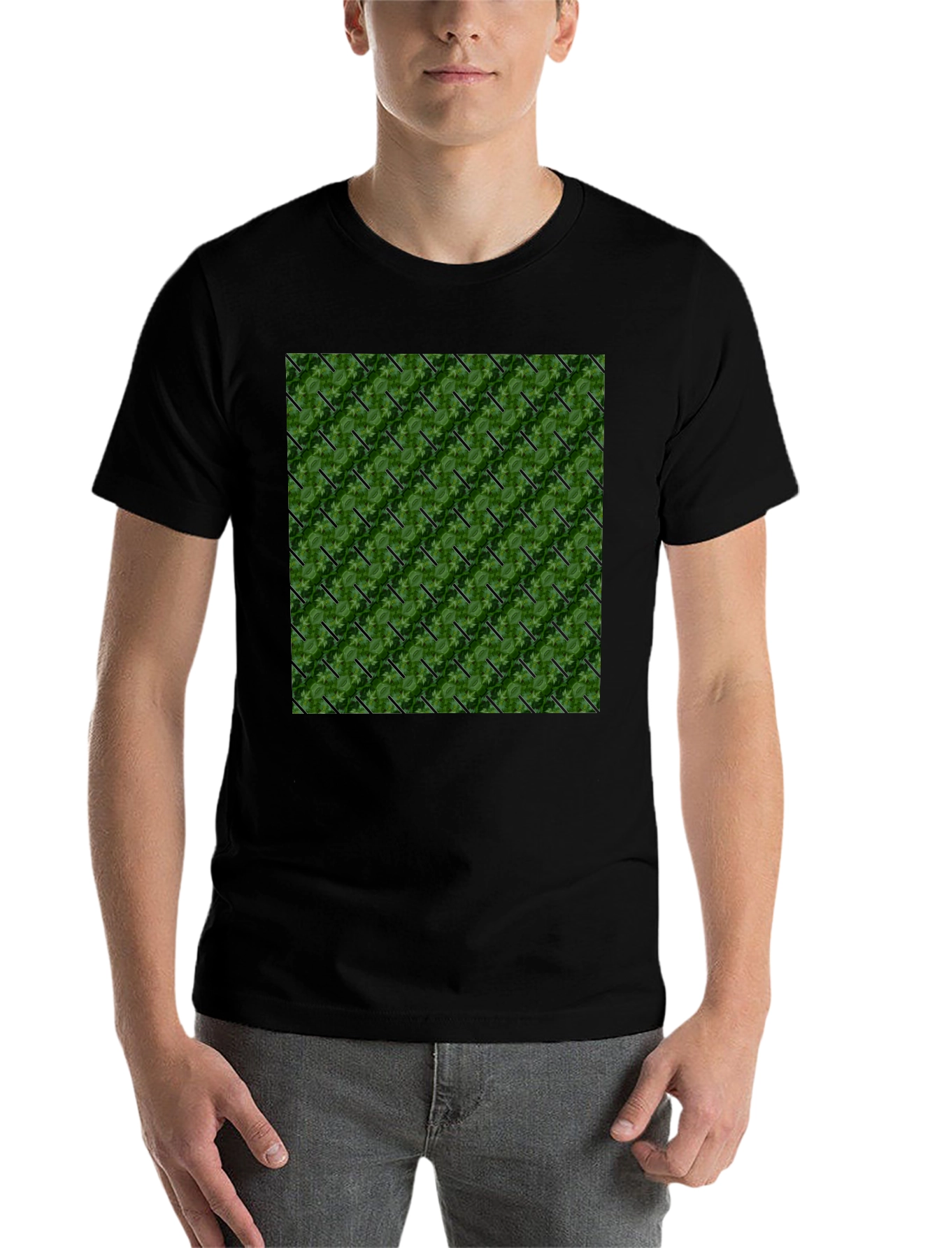 Green Leaf Pattern Black T-Shirt