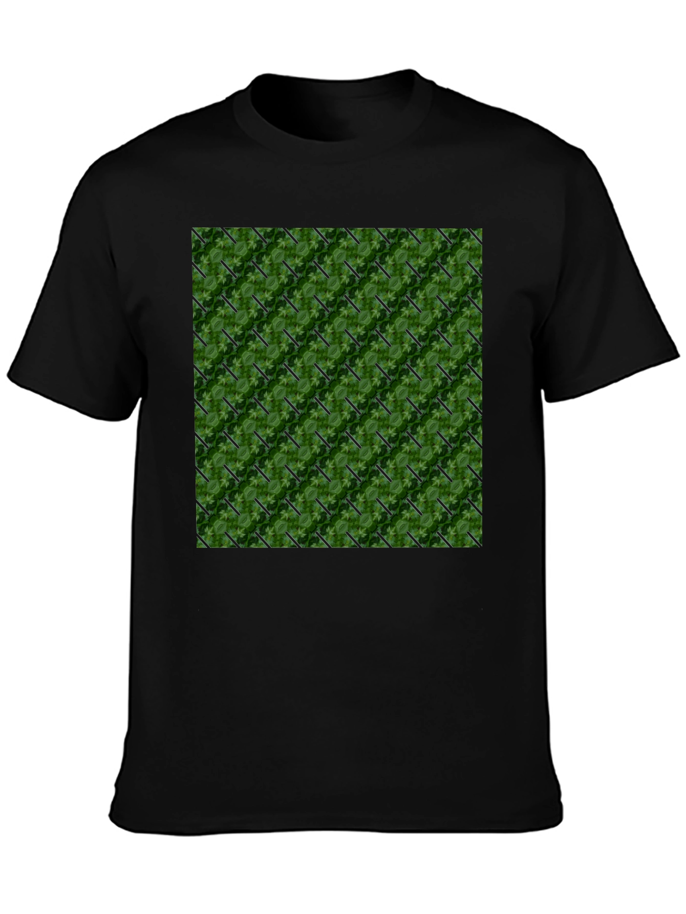 Green Leaf Pattern Black T-Shirt
