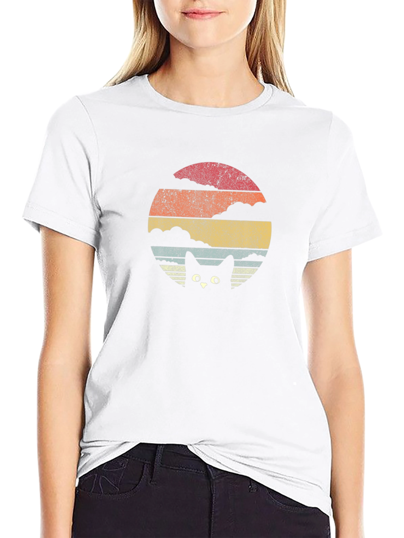 Retro Sunset Cat Graphic Tee - Black Cotton T-Shirt