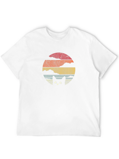 Retro Sunset Cat Graphic Tee - Black Cotton T-Shirt