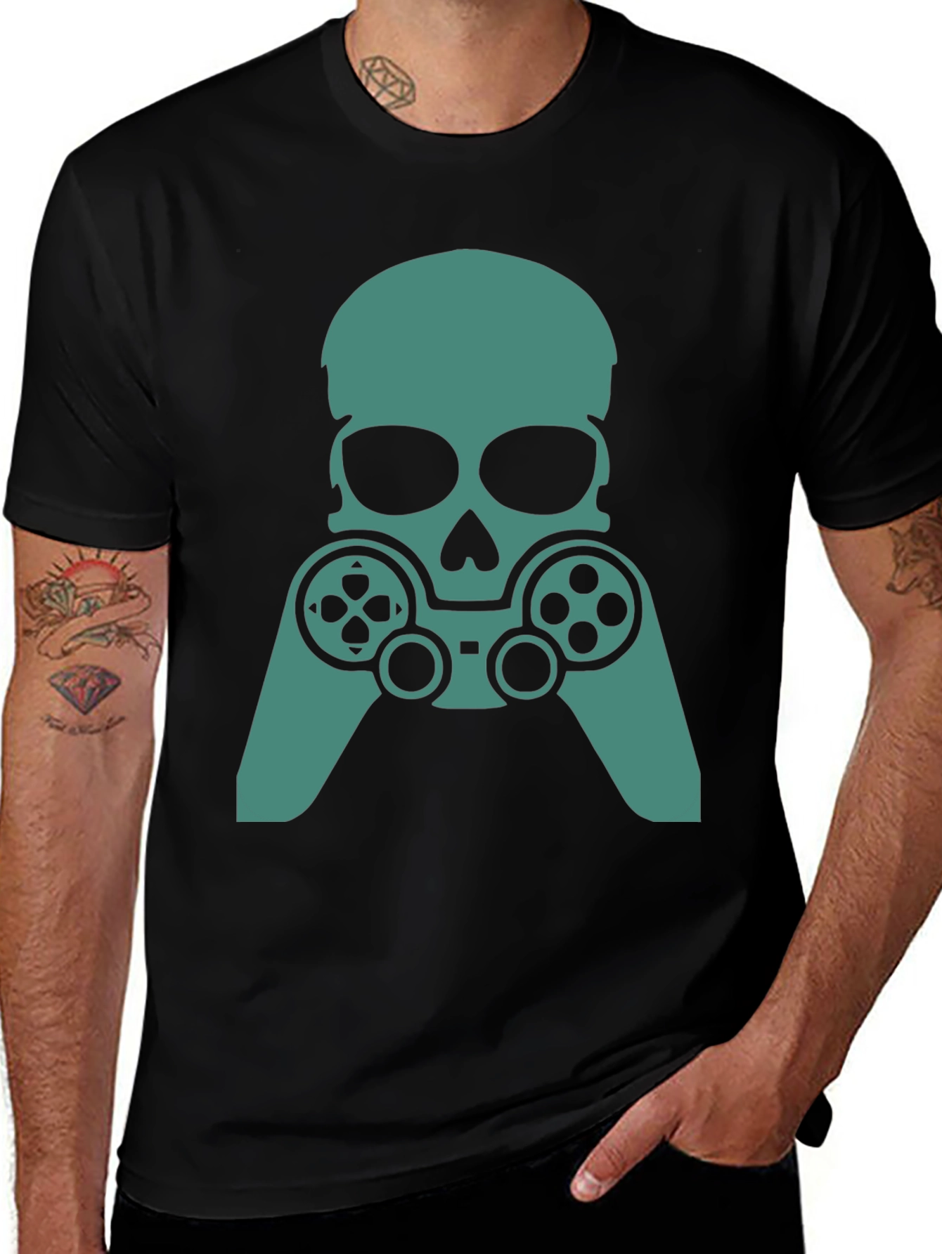 Gamer Skull Graphic Tee - Black Cotton Blend