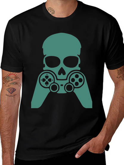 Gamer Skull Graphic Tee - Black Cotton Blend