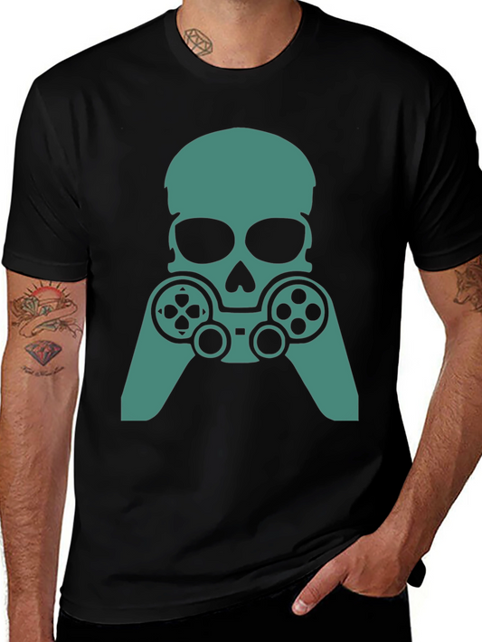 Gamer Skull Graphic Tee - Black Cotton Blend