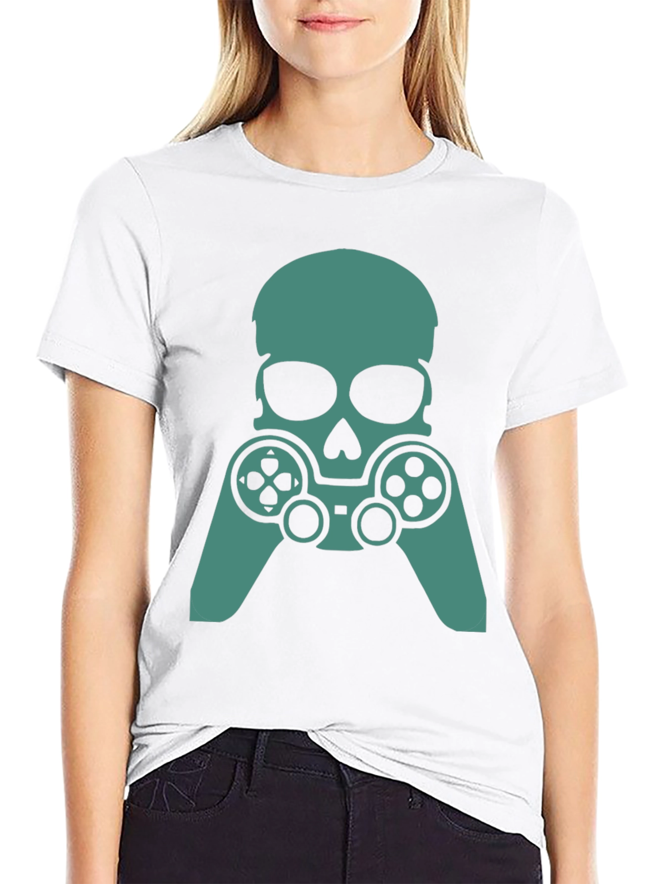Gamer Skull Graphic Tee - Black Cotton Blend
