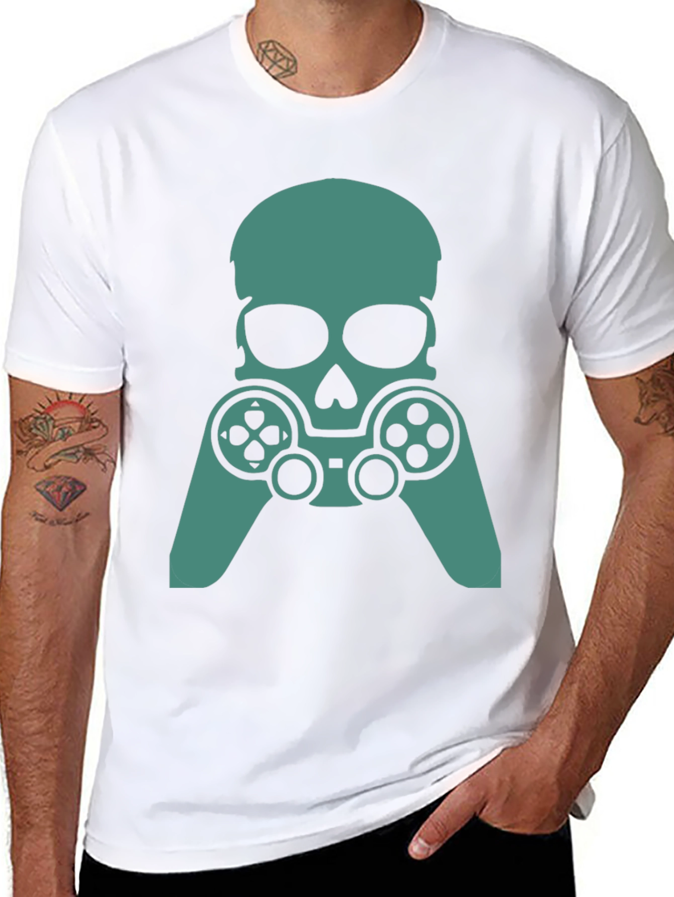 Gamer Skull Graphic Tee - Black Cotton Blend
