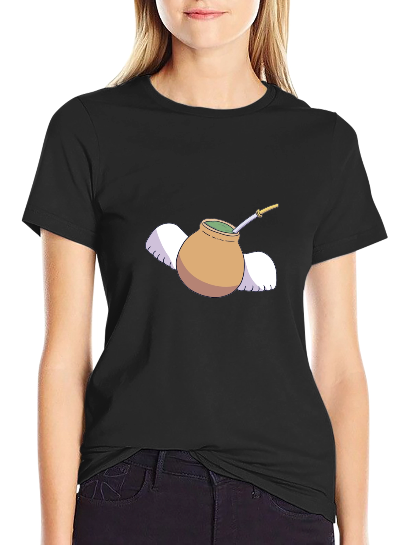 Mate Tea Cup with Wings Graphic Tee - Black